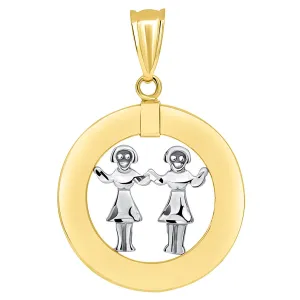 14k Two Tone Gold Open Circle Gemini Zodiac Sign Pendant