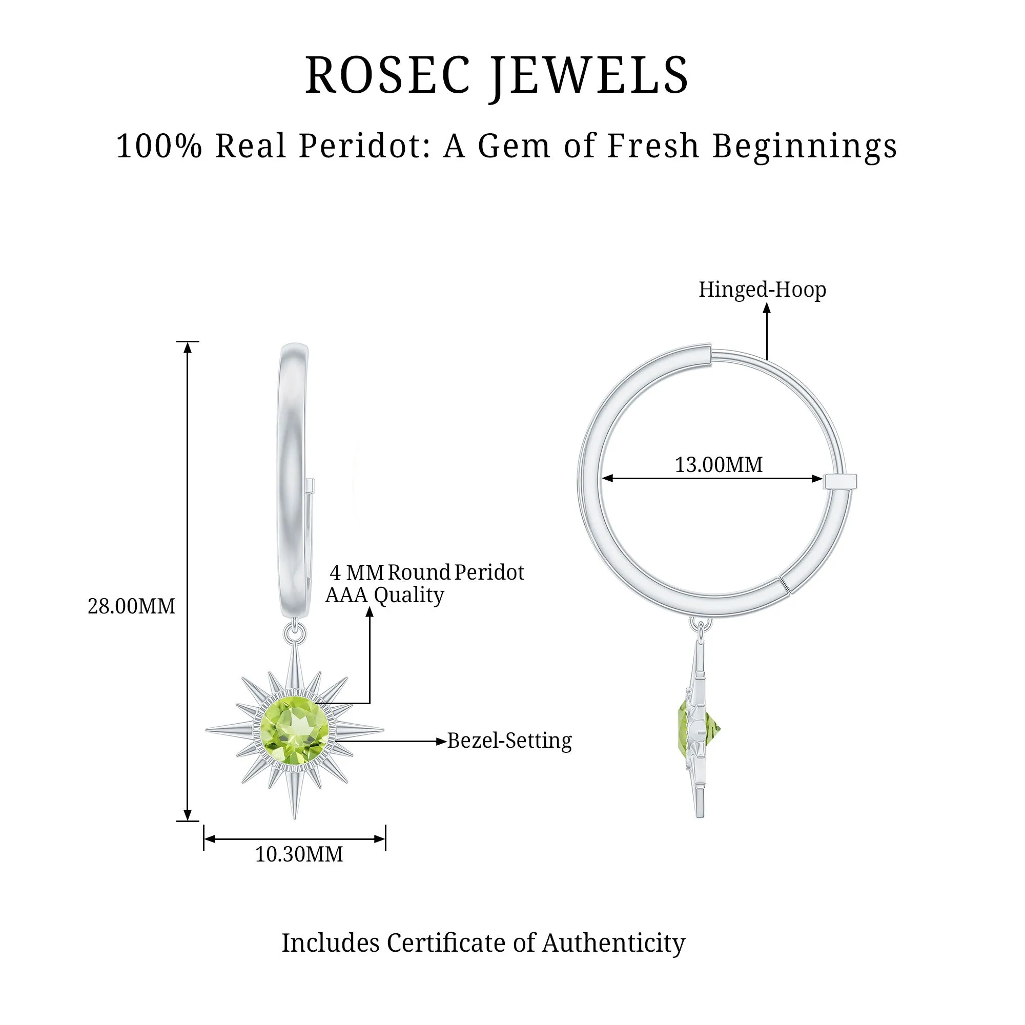 4 MM Round Shape Peridot and Gold Sunburst Hoop Drop Earrings For Women