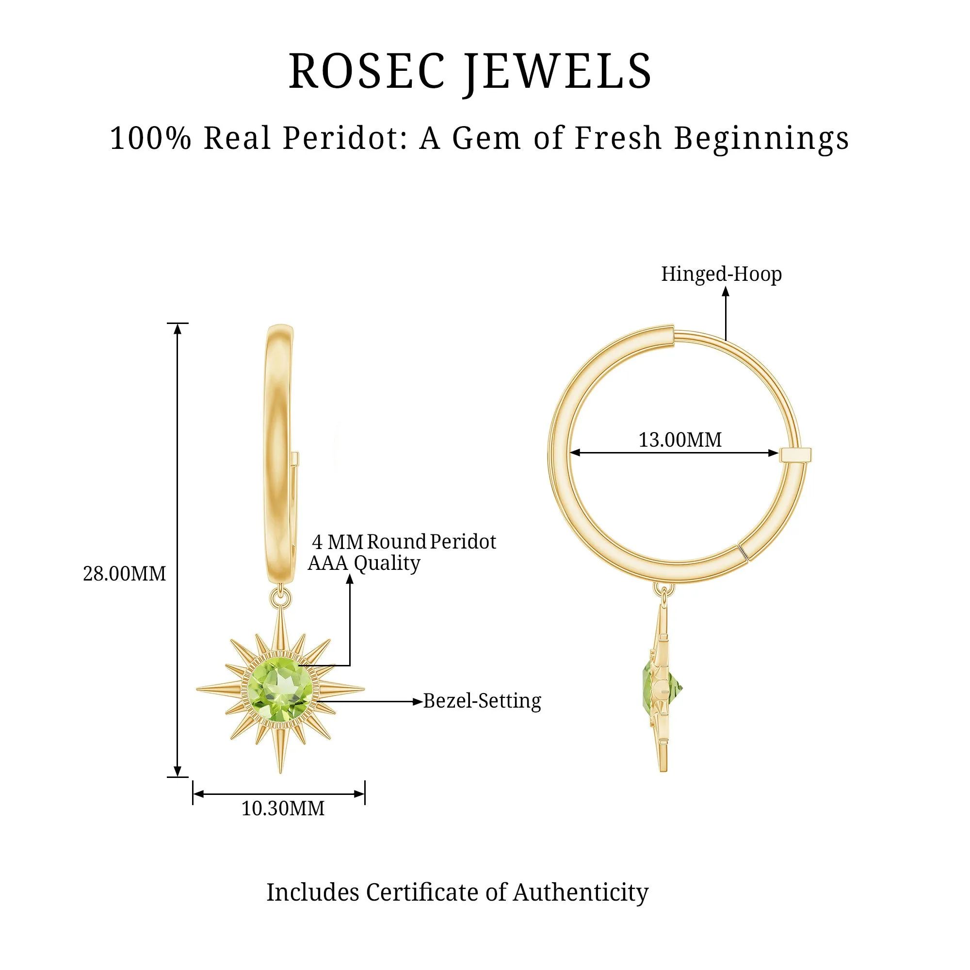 4 MM Round Shape Peridot and Gold Sunburst Hoop Drop Earrings For Women