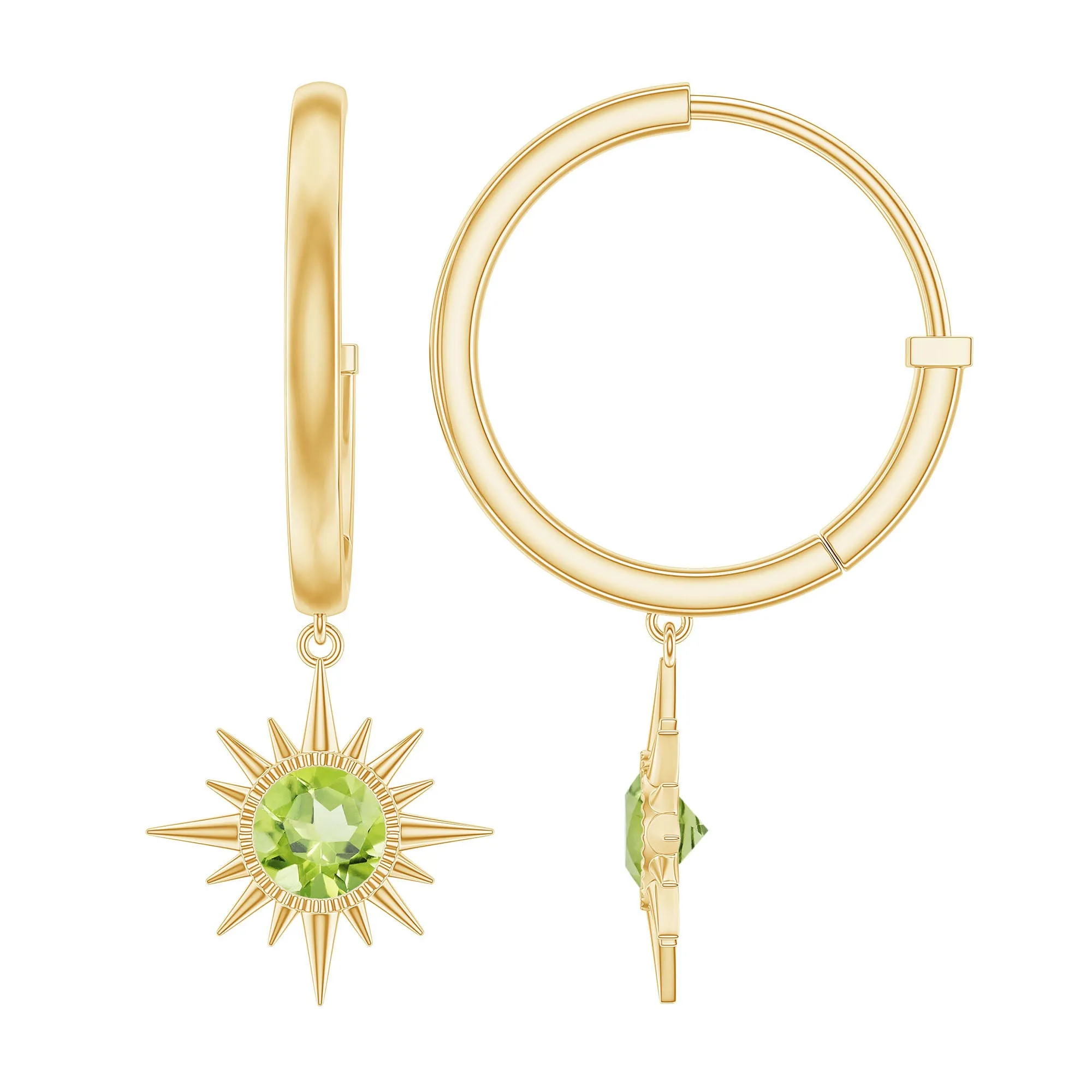 4 MM Round Shape Peridot and Gold Sunburst Hoop Drop Earrings For Women