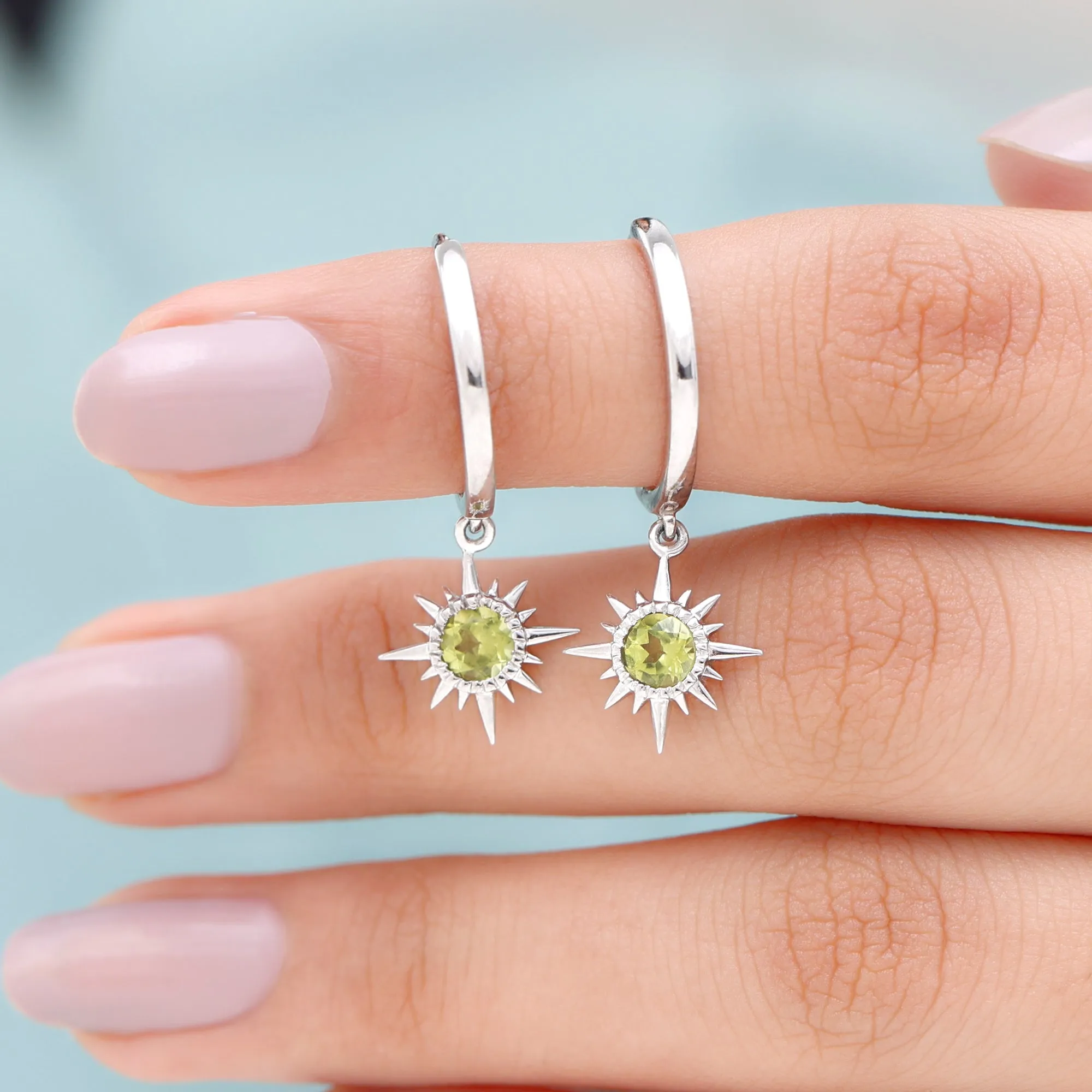 4 MM Round Shape Peridot and Gold Sunburst Hoop Drop Earrings For Women