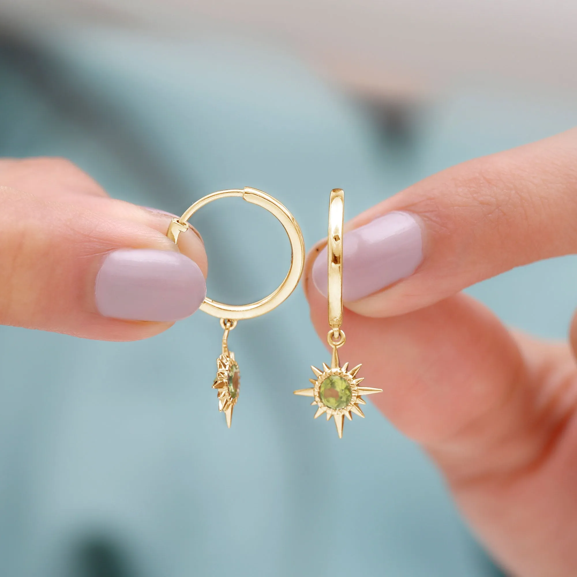 4 MM Round Shape Peridot and Gold Sunburst Hoop Drop Earrings For Women
