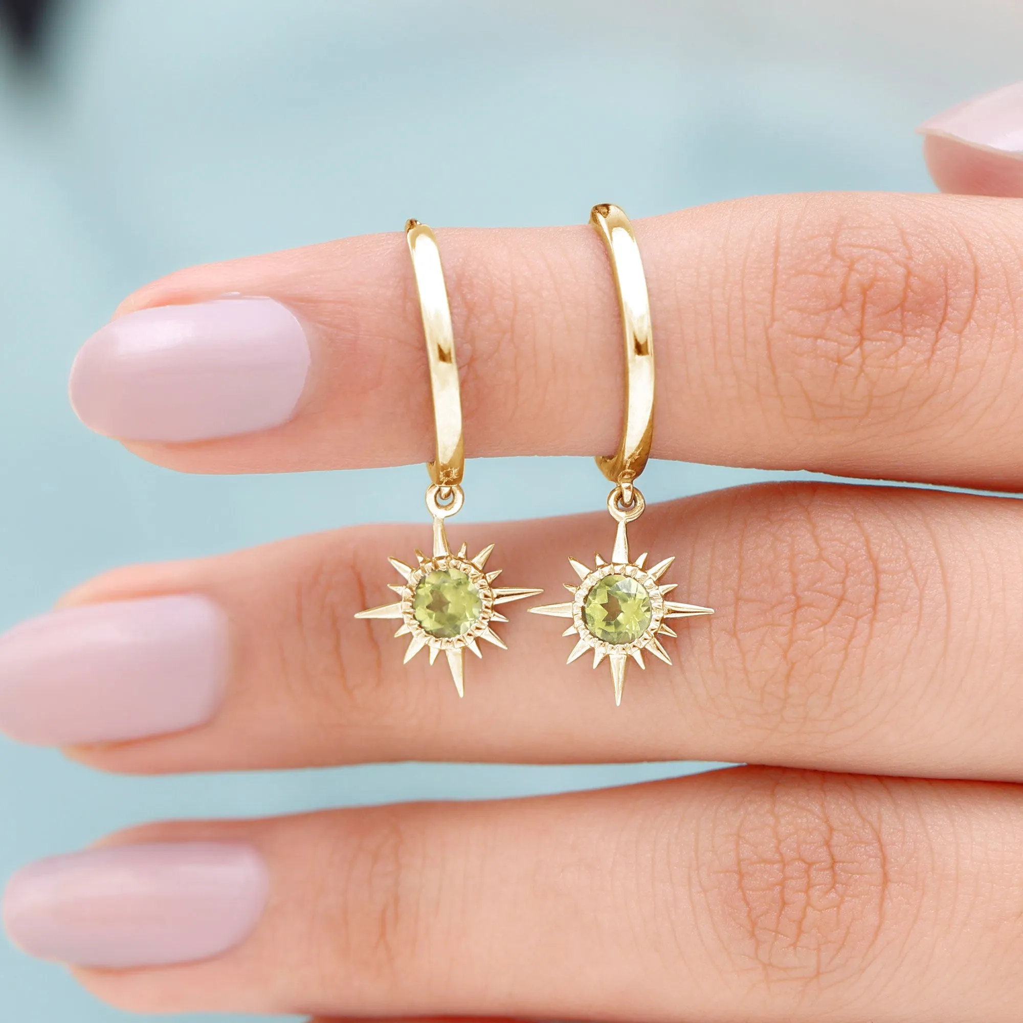 4 MM Round Shape Peridot and Gold Sunburst Hoop Drop Earrings For Women