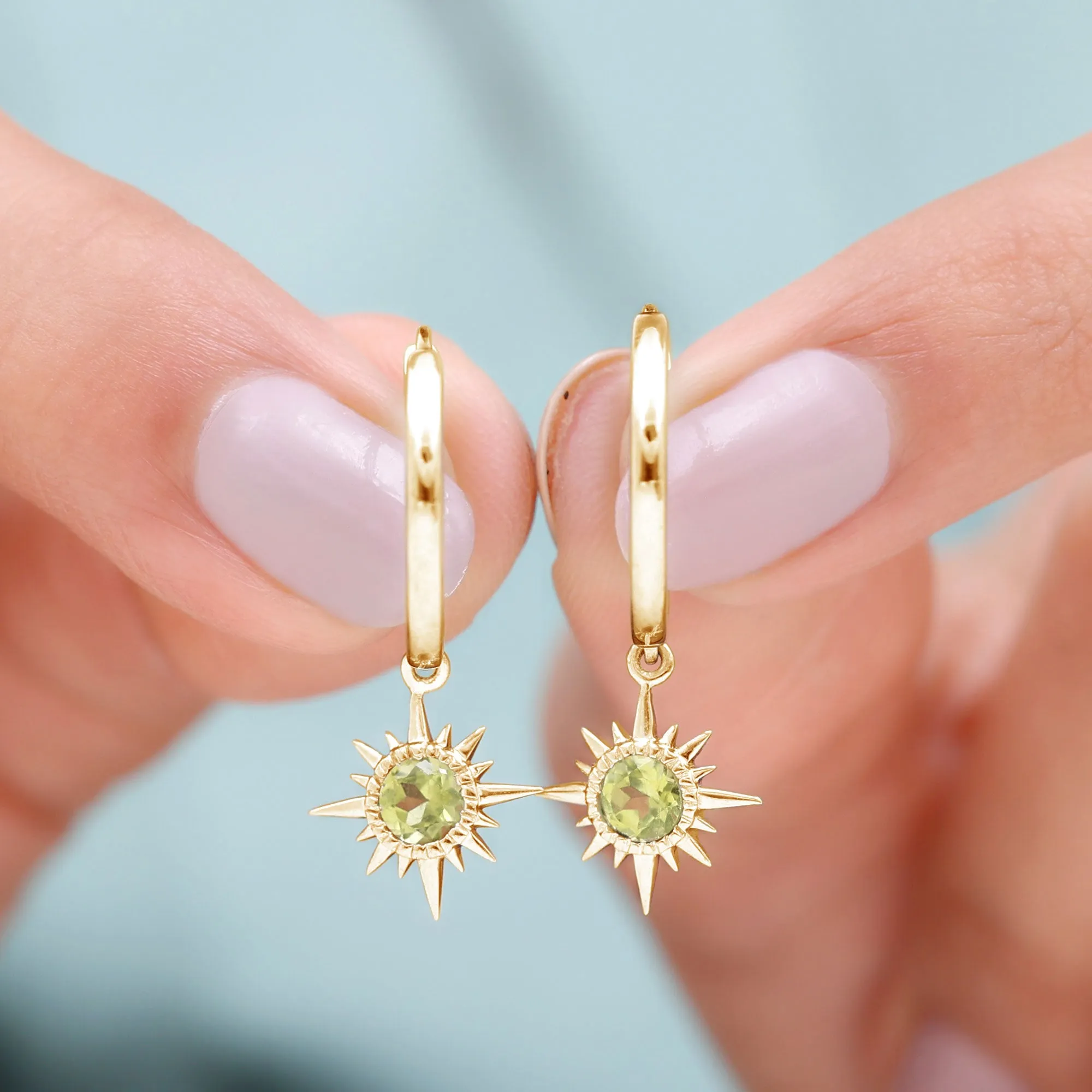 4 MM Round Shape Peridot and Gold Sunburst Hoop Drop Earrings For Women