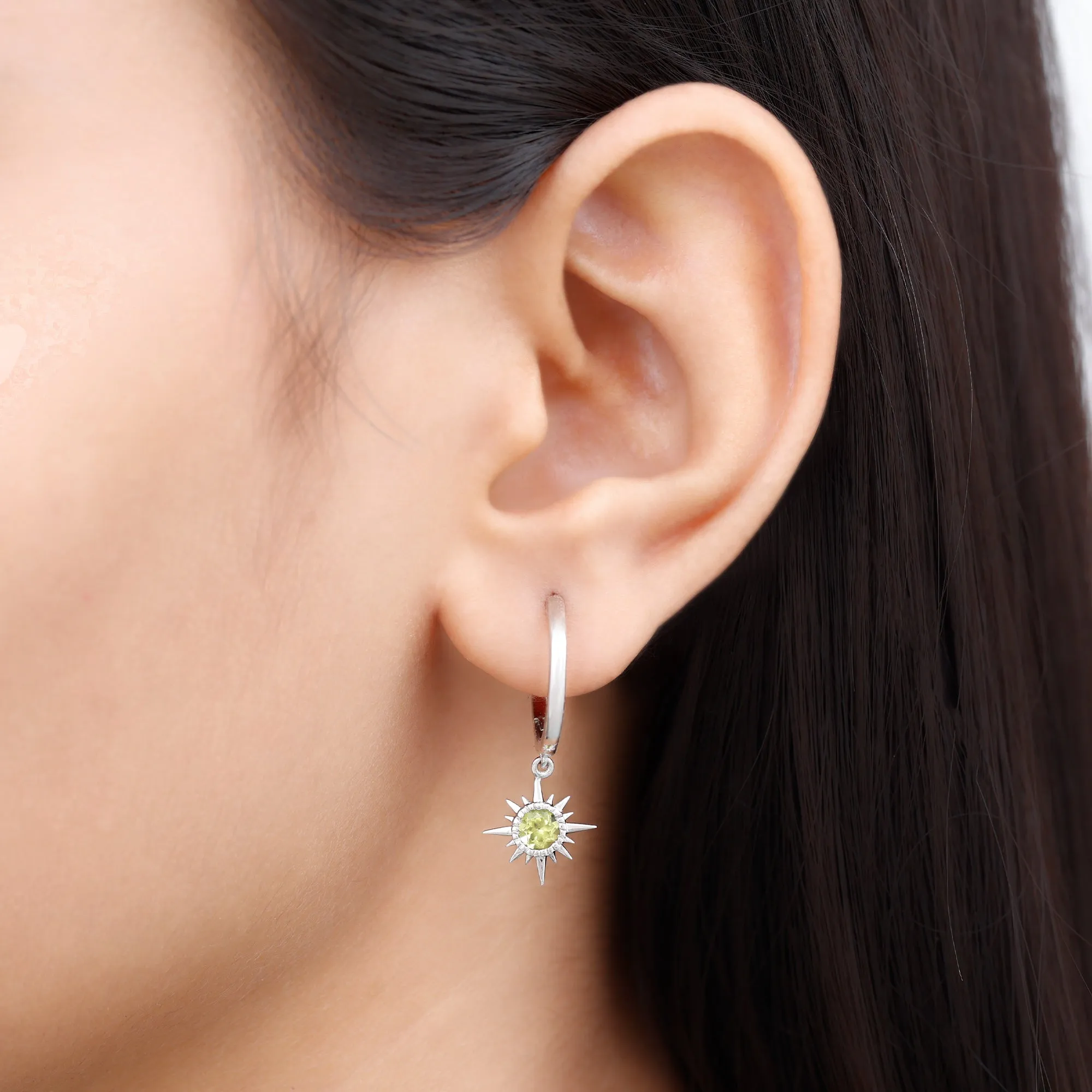 4 MM Round Shape Peridot and Gold Sunburst Hoop Drop Earrings For Women