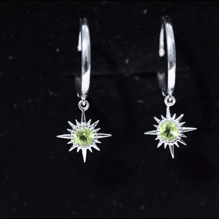 4 MM Round Shape Peridot and Gold Sunburst Hoop Drop Earrings For Women
