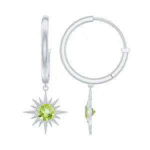 4 MM Round Shape Peridot and Gold Sunburst Hoop Drop Earrings For Women