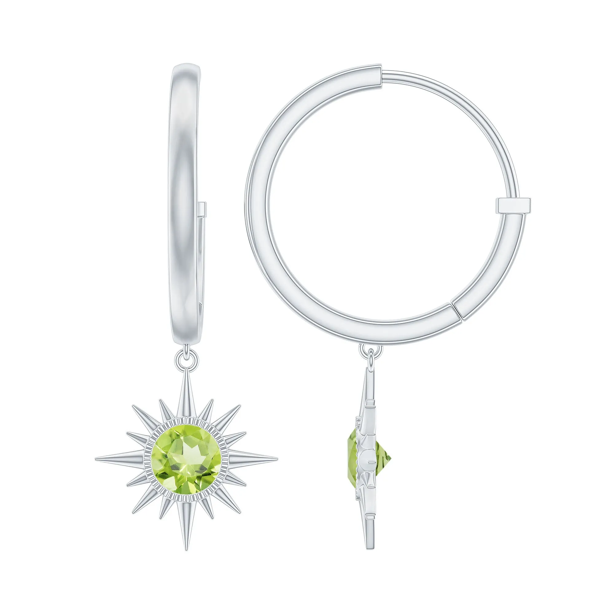 4 MM Round Shape Peridot and Gold Sunburst Hoop Drop Earrings For Women