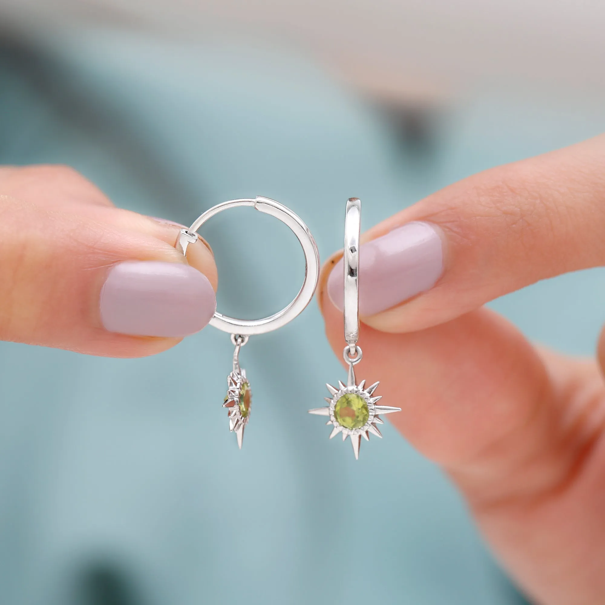 4 MM Round Shape Peridot and Gold Sunburst Hoop Drop Earrings For Women