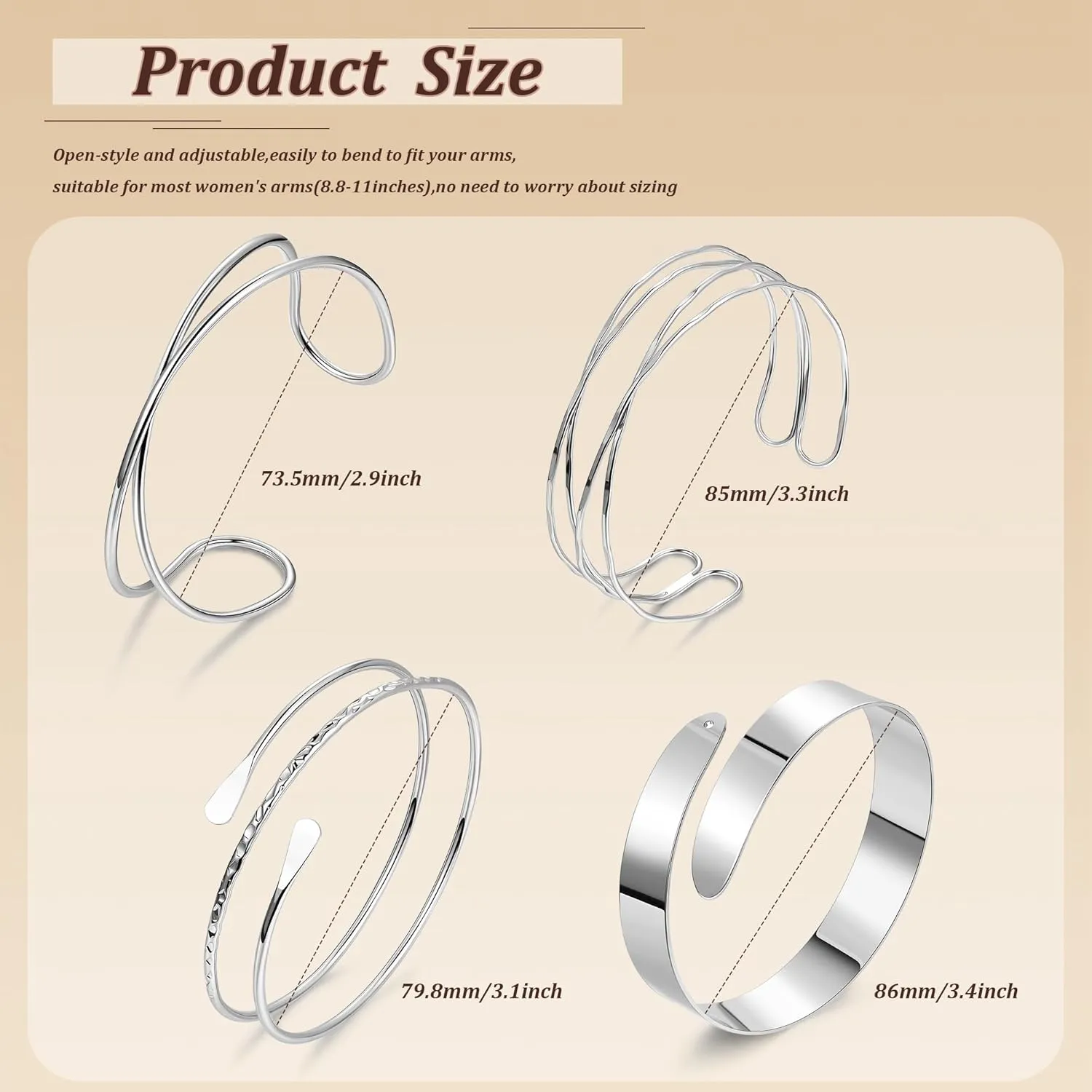 4PCS Upper Arm Cuff Bracelets for Women Gold Silver Cuff Bangle Bracelet Adjustable Upper Arm Bands Armband Set Simple Open Armlet
