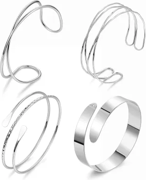 4PCS Upper Arm Cuff Bracelets for Women Gold Silver Cuff Bangle Bracelet Adjustable Upper Arm Bands Armband Set Simple Open Armlet
