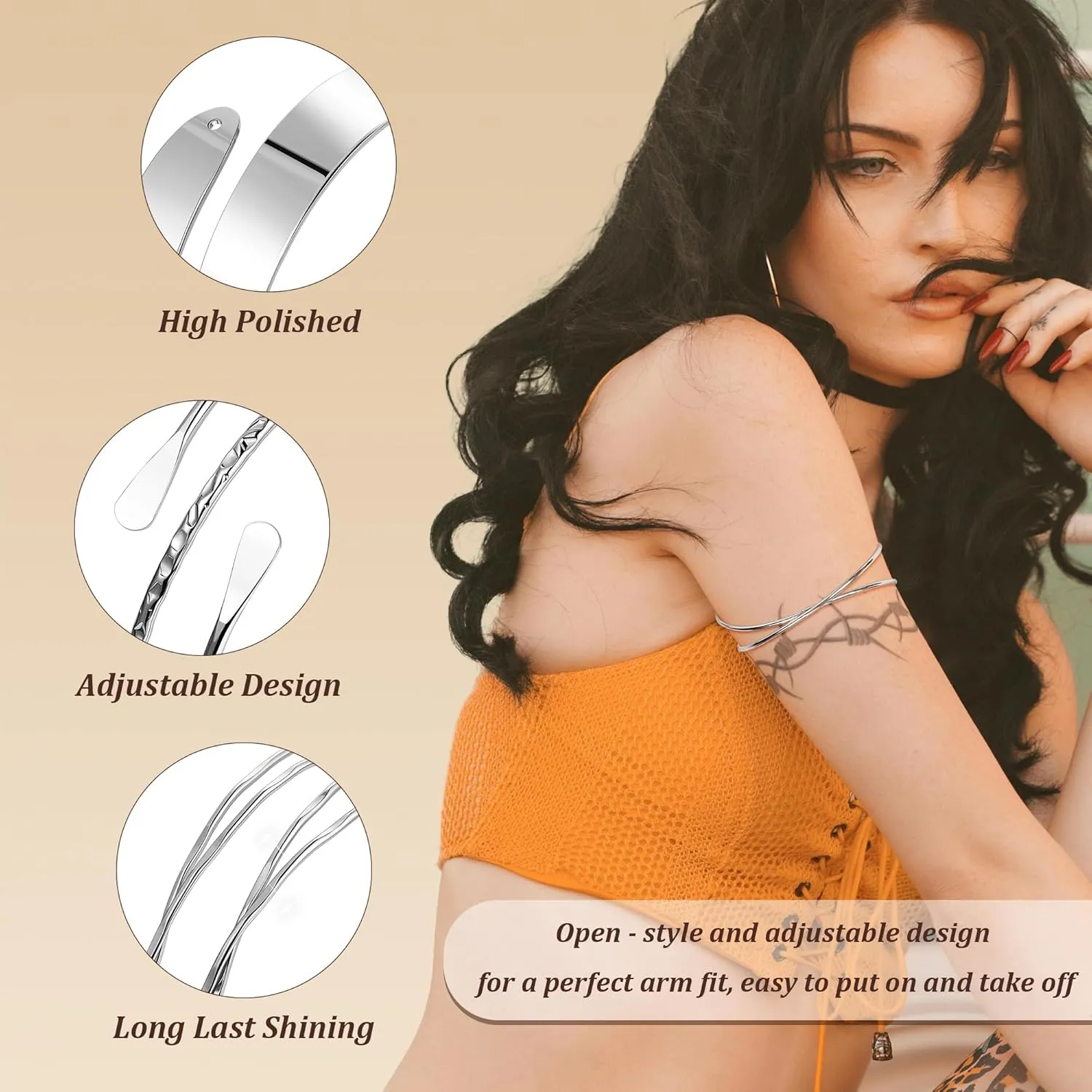 4PCS Upper Arm Cuff Bracelets for Women Gold Silver Cuff Bangle Bracelet Adjustable Upper Arm Bands Armband Set Simple Open Armlet