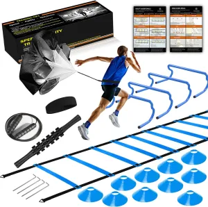 Agility Ladder Speed Training Equipment Set-20ft Agility Ladder 4 Adjustable Hurdles Running Parachute Jump Rope Speed Training Equipment for Soccer Football Basketball