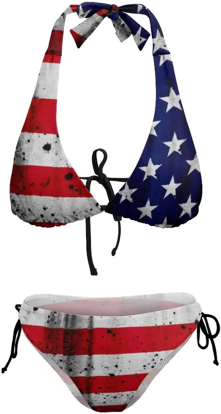 American Flag Bikini Set Halter Padded Top Tie Side Bottom Swimsuit for Women