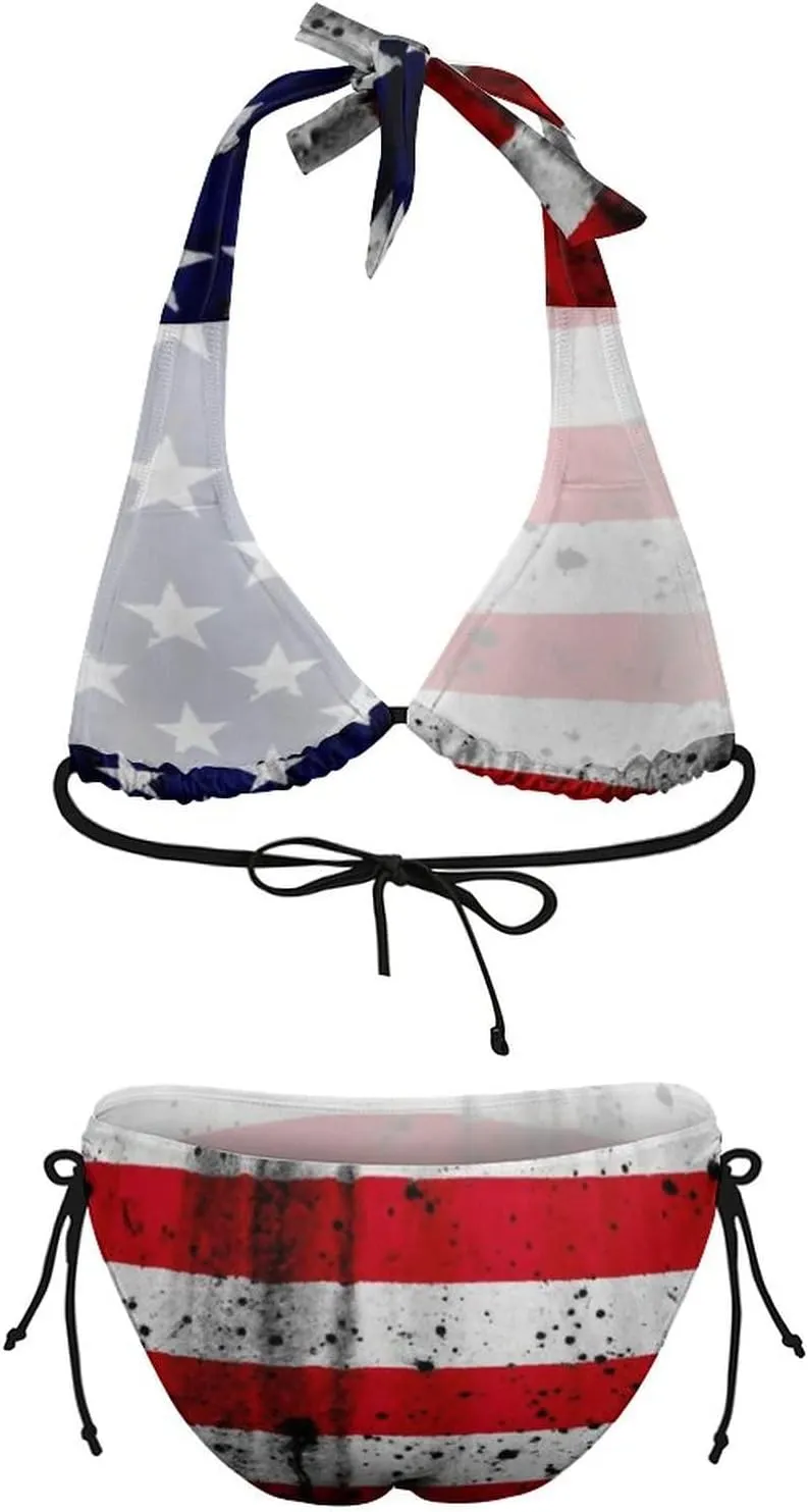 American Flag Bikini Set Halter Padded Top Tie Side Bottom Swimsuit for Women