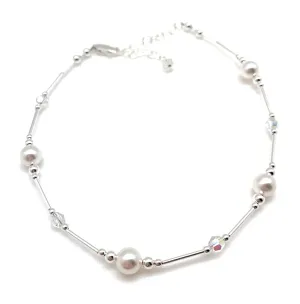 Anklet White Pearl & Iridescent Crystal Sterling Silver Beach Wedding Bridesmaid Anniversary Gift (Average 8 1/2" to 10")