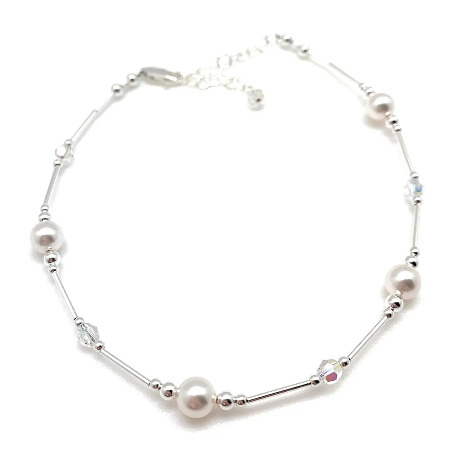 Anklet White Pearl & Iridescent Crystal Sterling Silver Beach Wedding Bridesmaid Anniversary Gift (Average 8 1/2" to 10")