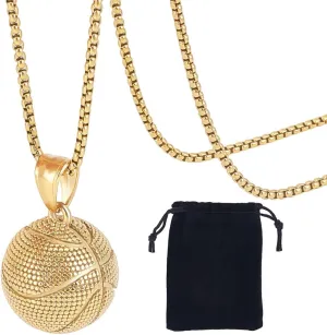 Beebeecraft 1 Box Gold Basketball Pendant and Chain with Velvet Pouch Large Sport Ball Hip Hop Punk 304 Stainless Steel Necklace for Men Father Friend Sport Bar Jewelry Birthday Decoration