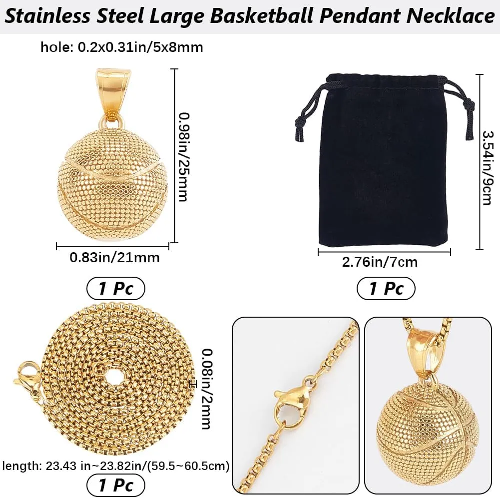 Beebeecraft 1 Box Gold Basketball Pendant and Chain with Velvet Pouch Large Sport Ball Hip Hop Punk 304 Stainless Steel Necklace for Men Father Friend Sport Bar Jewelry Birthday Decoration