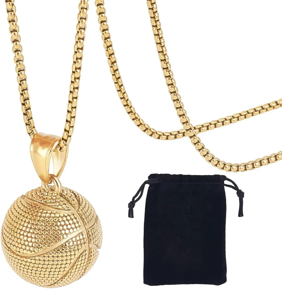 Beebeecraft 1 Box Gold Basketball Pendant and Chain with Velvet Pouch Large Sport Ball Hip Hop Punk 304 Stainless Steel Necklace for Men Father Friend Sport Bar Jewelry Birthday Decoration