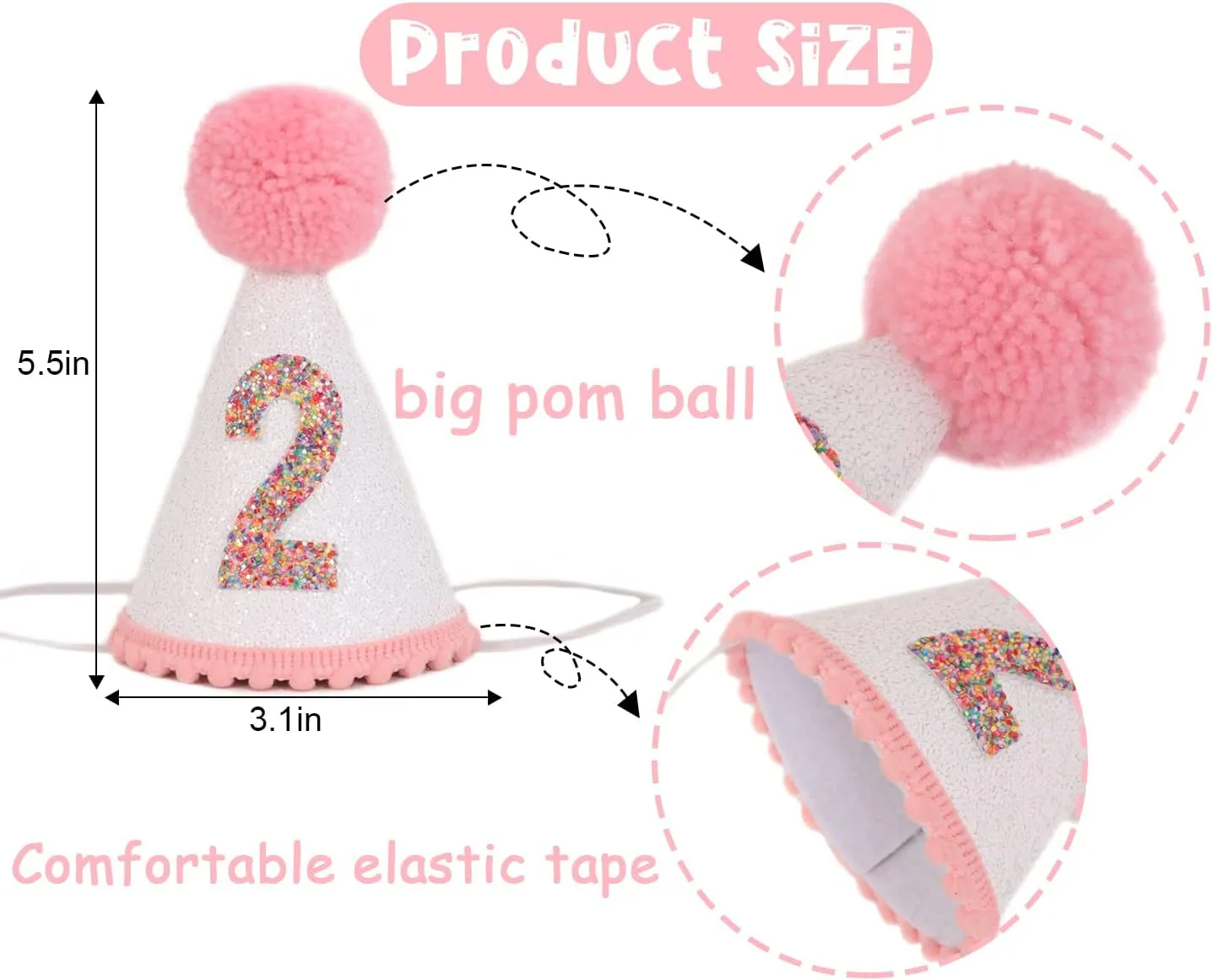 Birthday Hat for Girls - Glitter Birthday Hat with Pink Pom Topper, Birthday Decoration for Girls