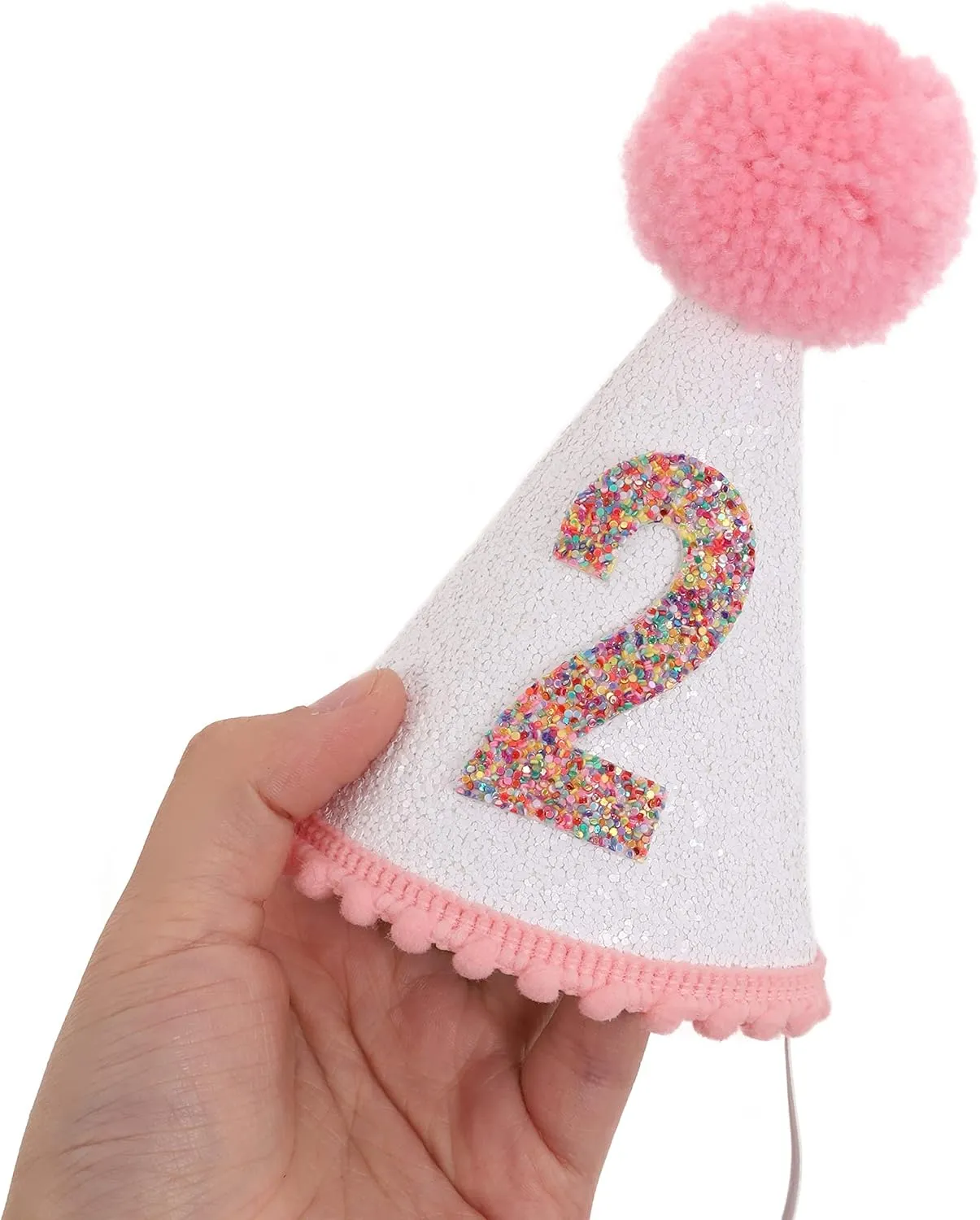 Birthday Hat for Girls - Glitter Birthday Hat with Pink Pom Topper, Birthday Decoration for Girls