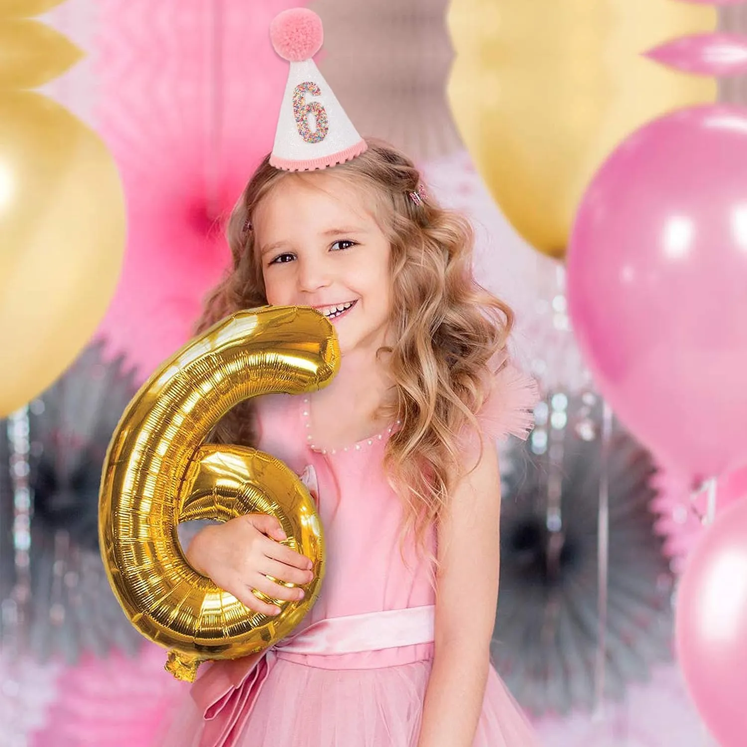Birthday Hat for Girls - Glitter Birthday Hat with Pink Pom Topper, Birthday Decoration for Girls