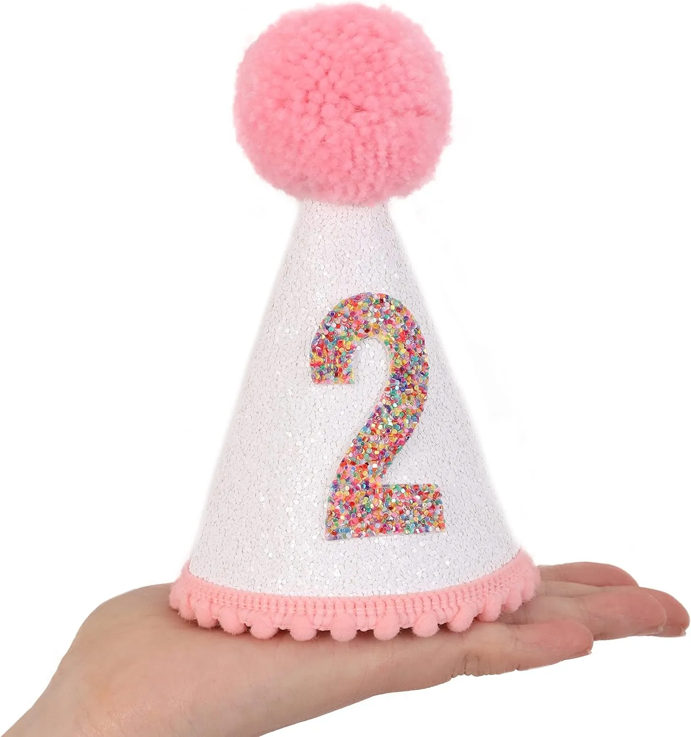 Birthday Hat for Girls - Glitter Birthday Hat with Pink Pom Topper, Birthday Decoration for Girls