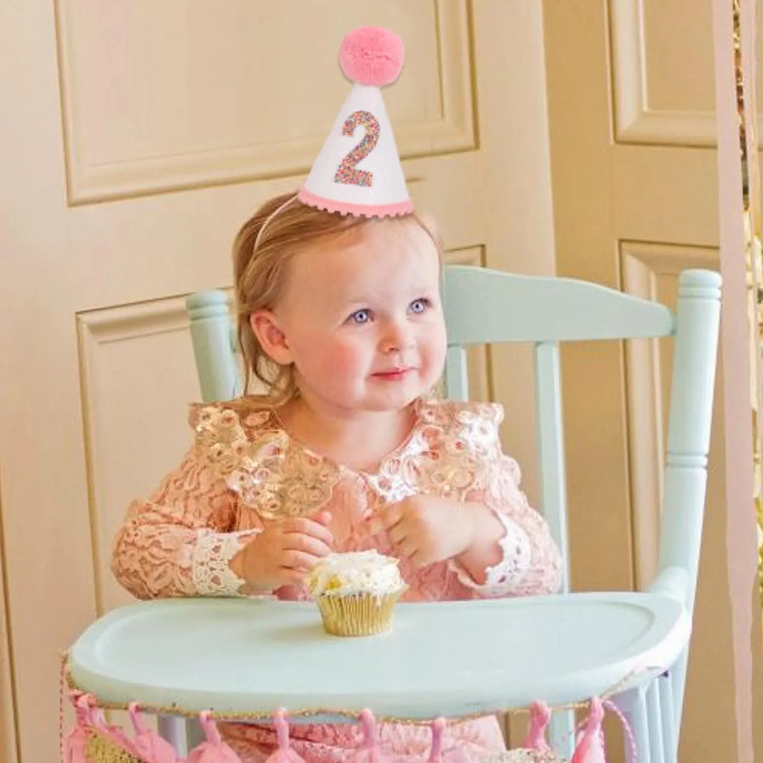 Birthday Hat for Girls - Glitter Birthday Hat with Pink Pom Topper, Birthday Decoration for Girls