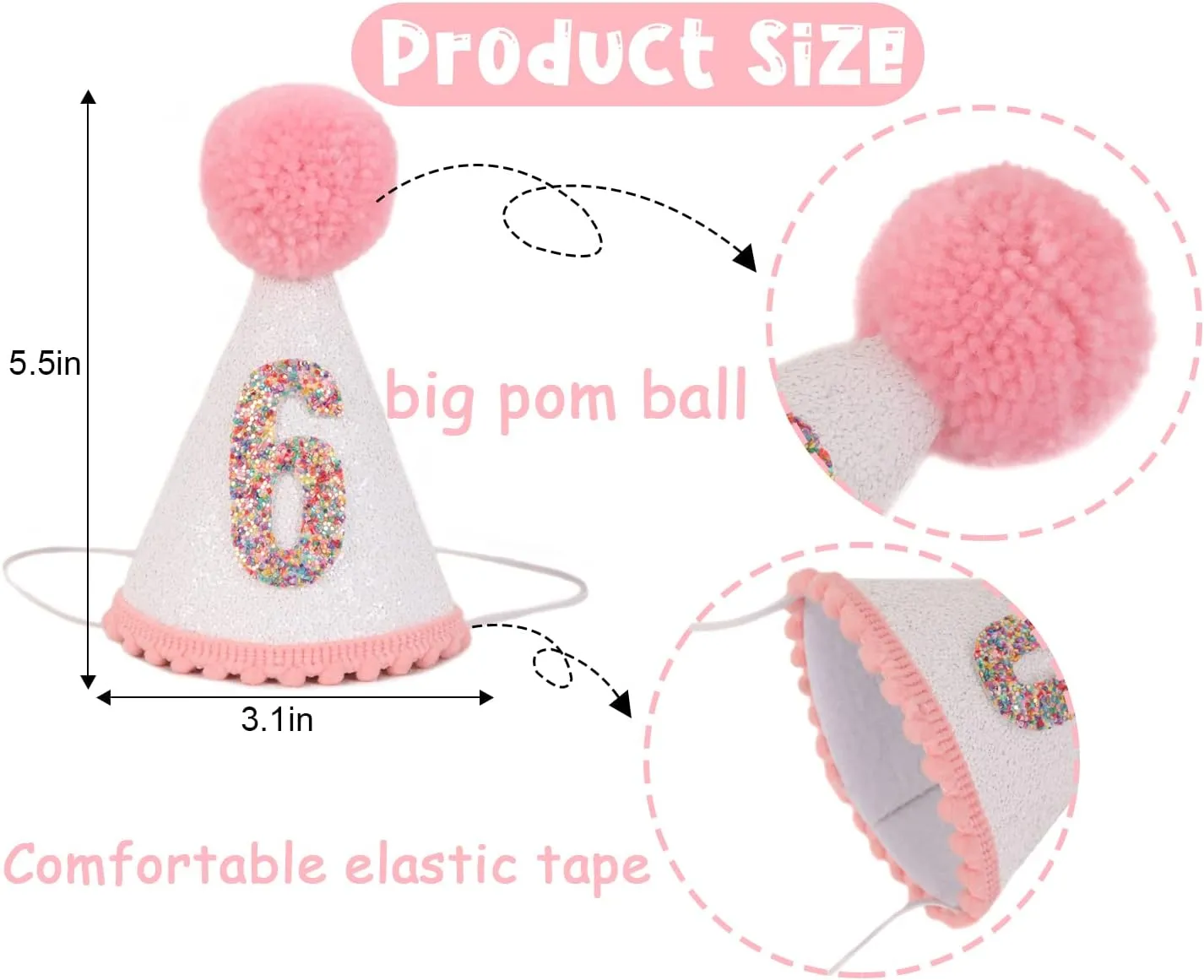 Birthday Hat for Girls - Glitter Birthday Hat with Pink Pom Topper, Birthday Decoration for Girls