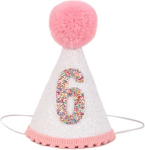 Birthday Hat for Girls - Glitter Birthday Hat with Pink Pom Topper, Birthday Decoration for Girls
