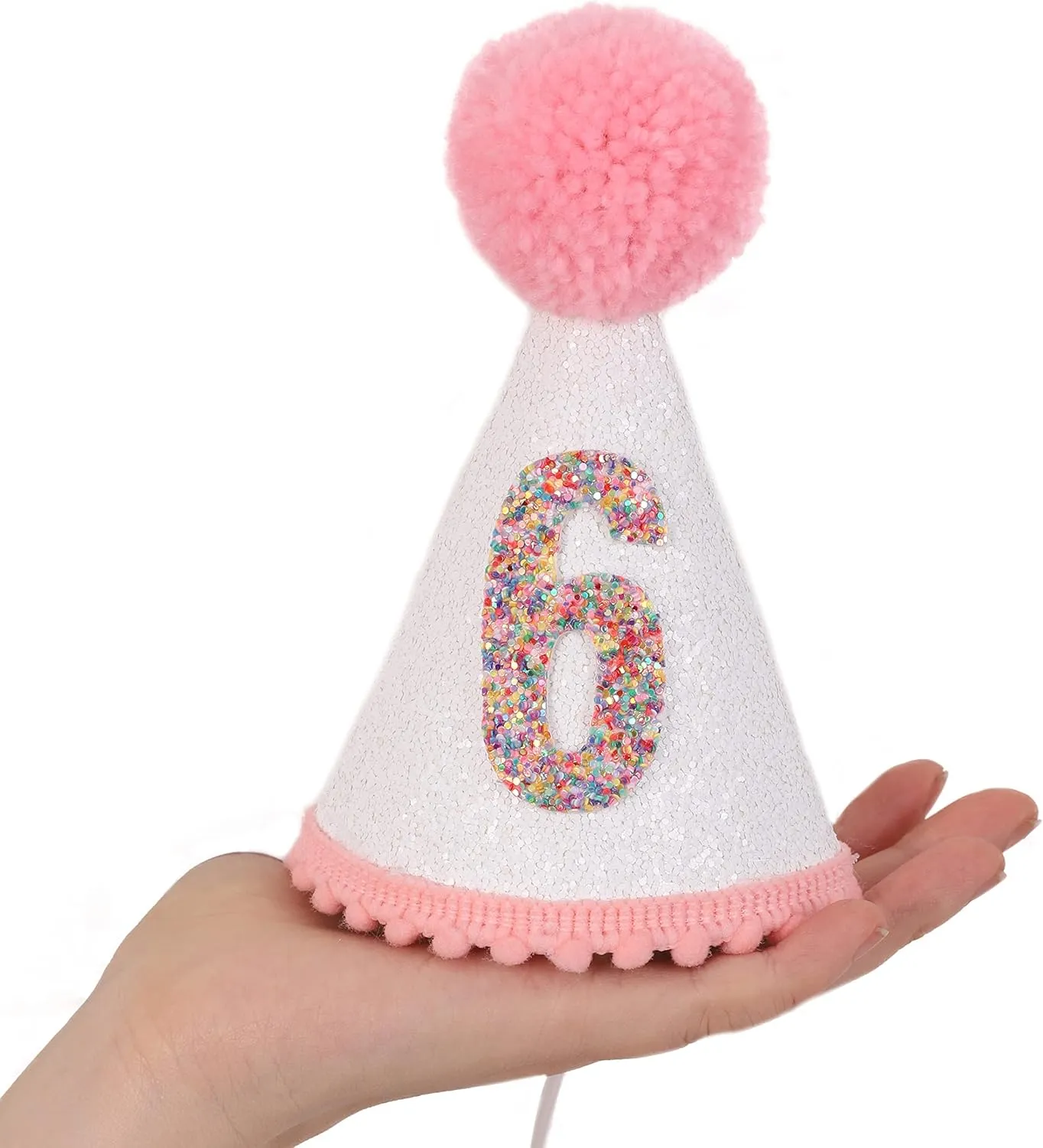 Birthday Hat for Girls - Glitter Birthday Hat with Pink Pom Topper, Birthday Decoration for Girls