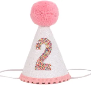 Birthday Hat for Girls - Glitter Birthday Hat with Pink Pom Topper, Birthday Decoration for Girls