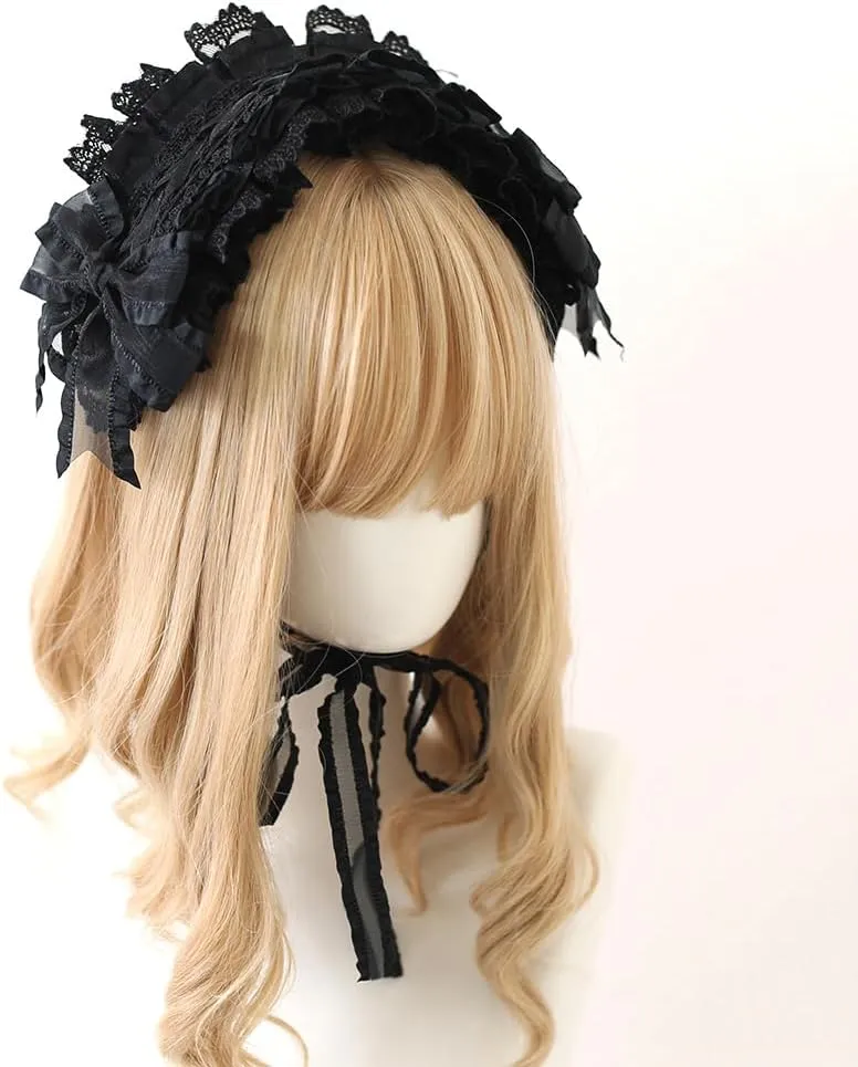 Black Lolita Headpiece Women Girls Gothic Lace Bow Hair Accessories Maid Headdress for Cosplay Masquerade Party