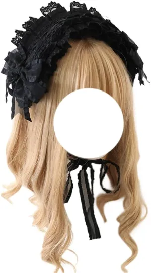 Black Lolita Headpiece Women Girls Gothic Lace Bow Hair Accessories Maid Headdress for Cosplay Masquerade Party