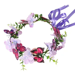 Butterfly Flower Crown for Women Girls Fairy Flower Headband Crown Adjustable Wedding Festival Floral Hair Wreath Purple