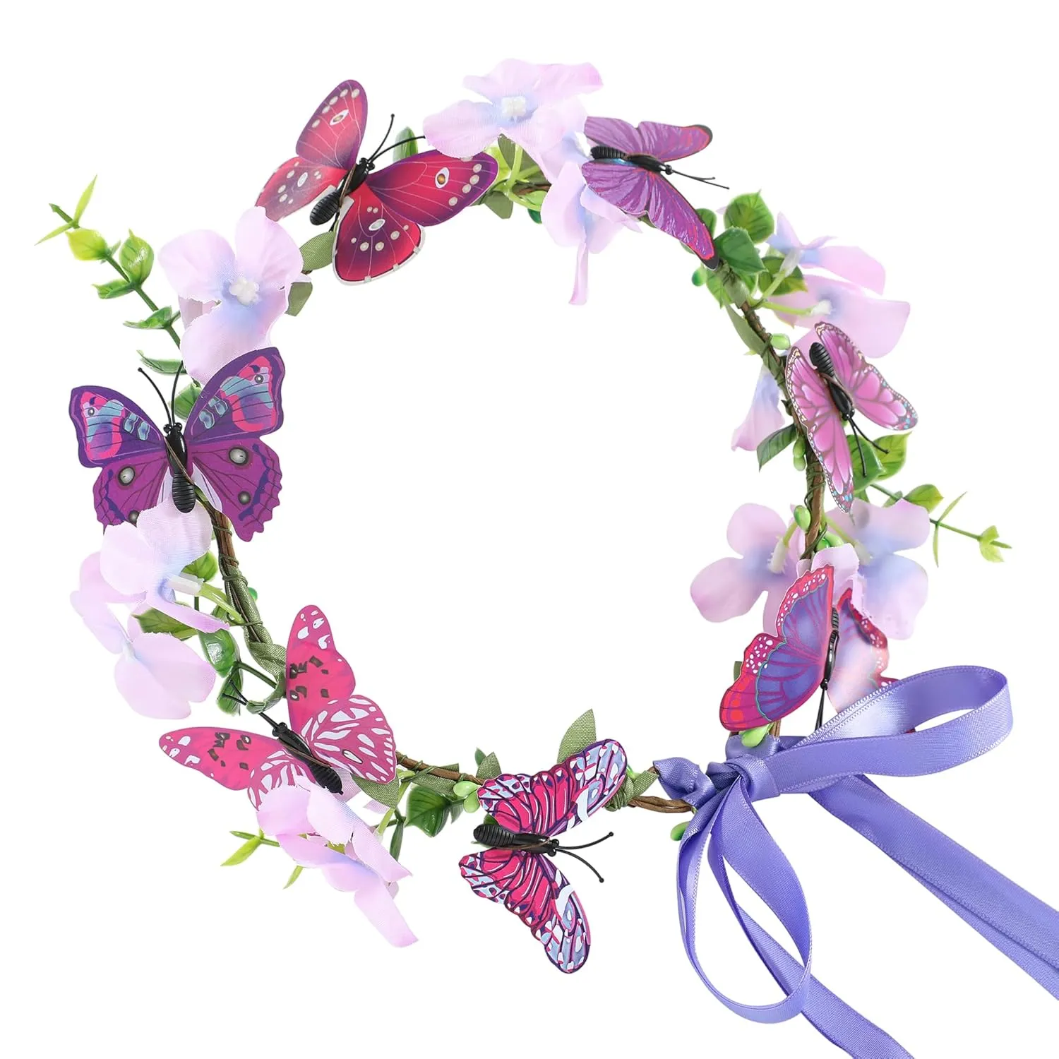 Butterfly Flower Crown for Women Girls Fairy Flower Headband Crown Adjustable Wedding Festival Floral Hair Wreath Purple