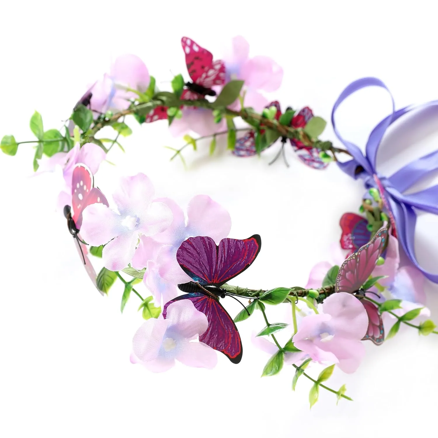 Butterfly Flower Crown for Women Girls Fairy Flower Headband Crown Adjustable Wedding Festival Floral Hair Wreath Purple