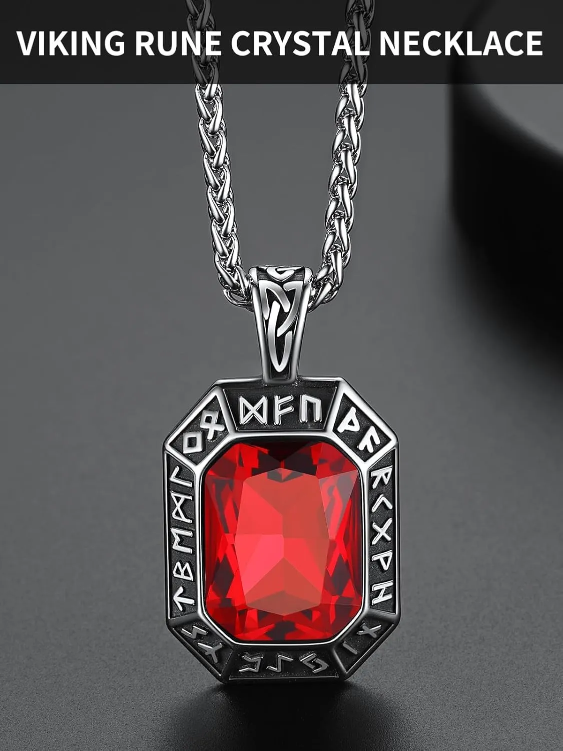 ChainsHouse Viking Rune Pendant Necklace for Men Women, Punk Biker Black Metal/316L Stainless Steel Onyx Norse Vintage Amulet Necklaces with Black/Red/Green/Blue Gemstone, Send Gift Box