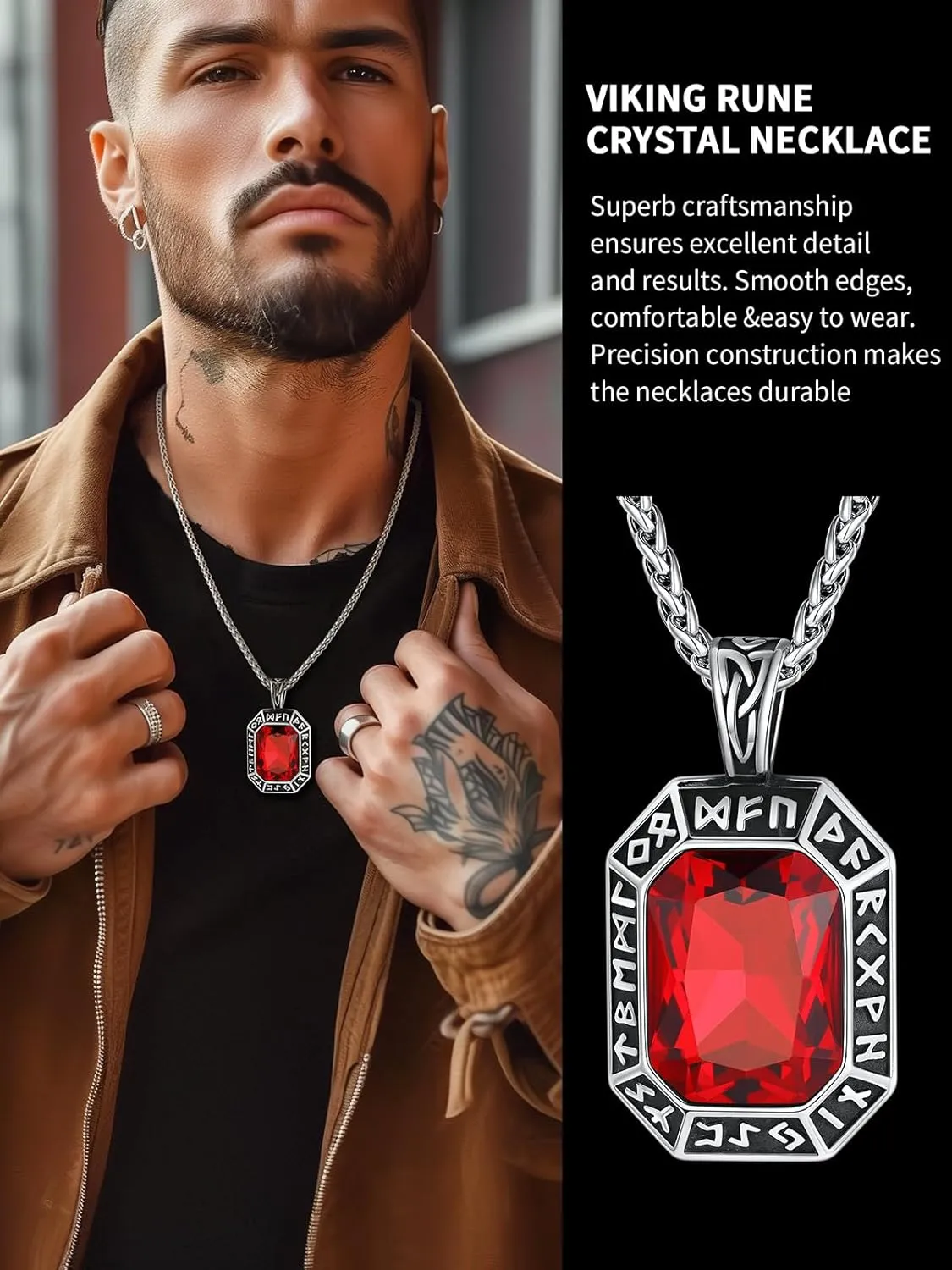 ChainsHouse Viking Rune Pendant Necklace for Men Women, Punk Biker Black Metal/316L Stainless Steel Onyx Norse Vintage Amulet Necklaces with Black/Red/Green/Blue Gemstone, Send Gift Box
