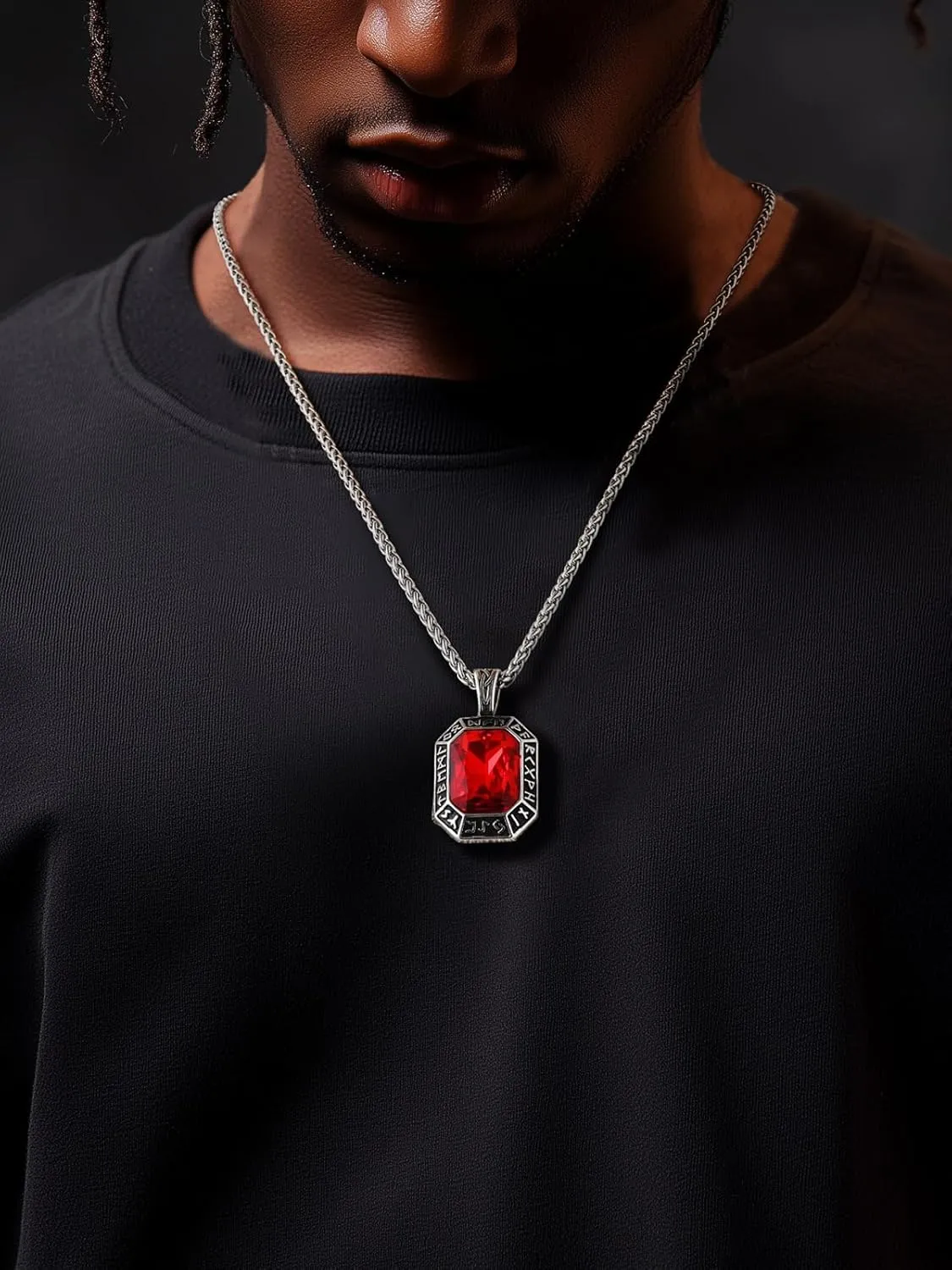 ChainsHouse Viking Rune Pendant Necklace for Men Women, Punk Biker Black Metal/316L Stainless Steel Onyx Norse Vintage Amulet Necklaces with Black/Red/Green/Blue Gemstone, Send Gift Box