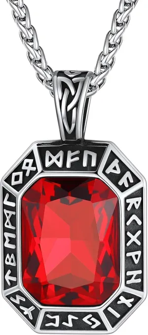 ChainsHouse Viking Rune Pendant Necklace for Men Women, Punk Biker Black Metal/316L Stainless Steel Onyx Norse Vintage Amulet Necklaces with Black/Red/Green/Blue Gemstone, Send Gift Box