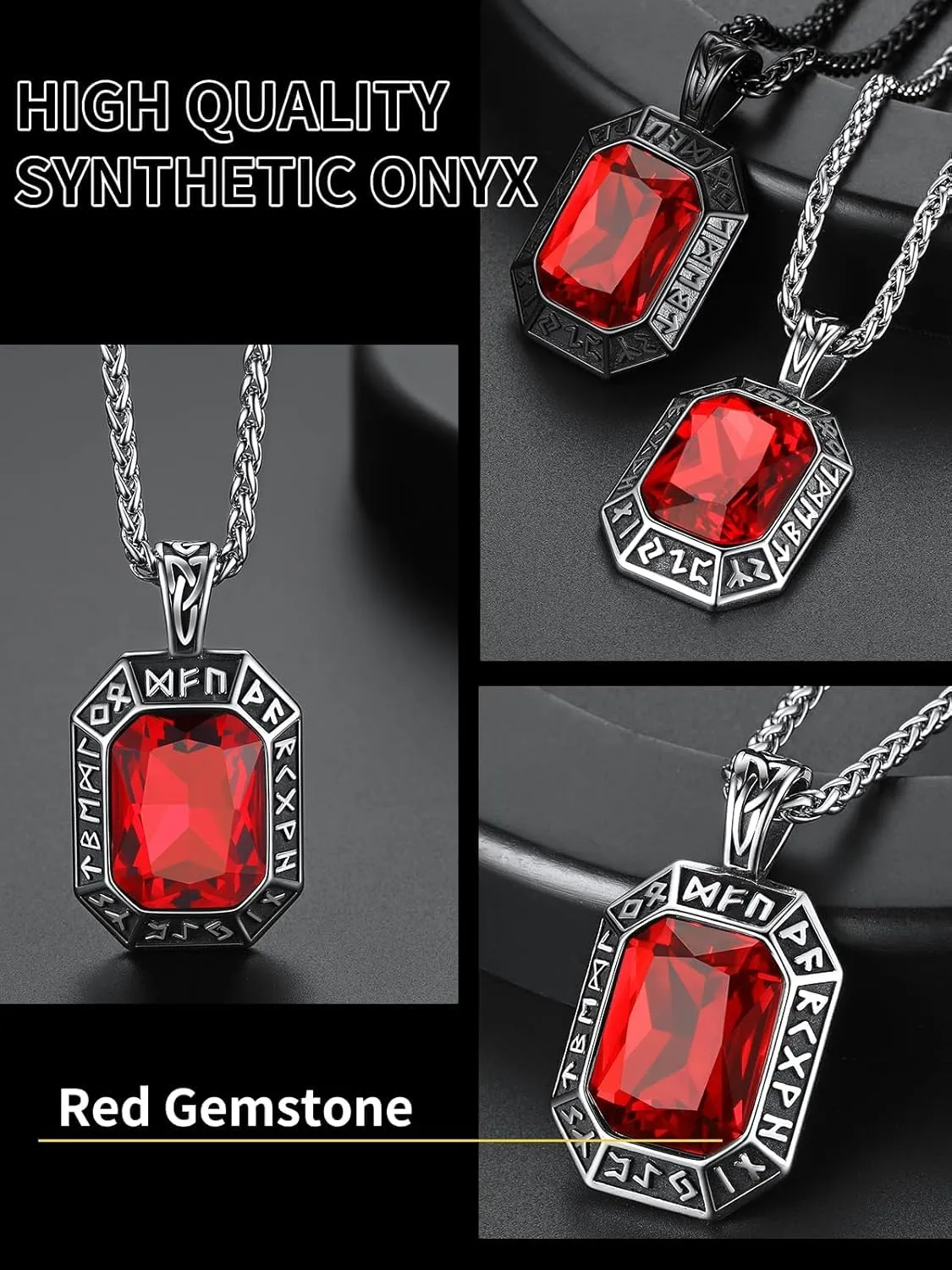 ChainsHouse Viking Rune Pendant Necklace for Men Women, Punk Biker Black Metal/316L Stainless Steel Onyx Norse Vintage Amulet Necklaces with Black/Red/Green/Blue Gemstone, Send Gift Box