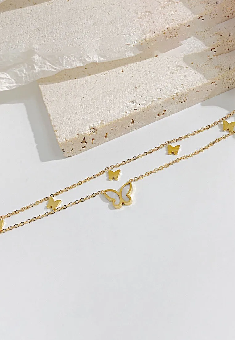 Cher Engravable Butterfly Pendant with Multi-layer Chain Anklet in Gold
