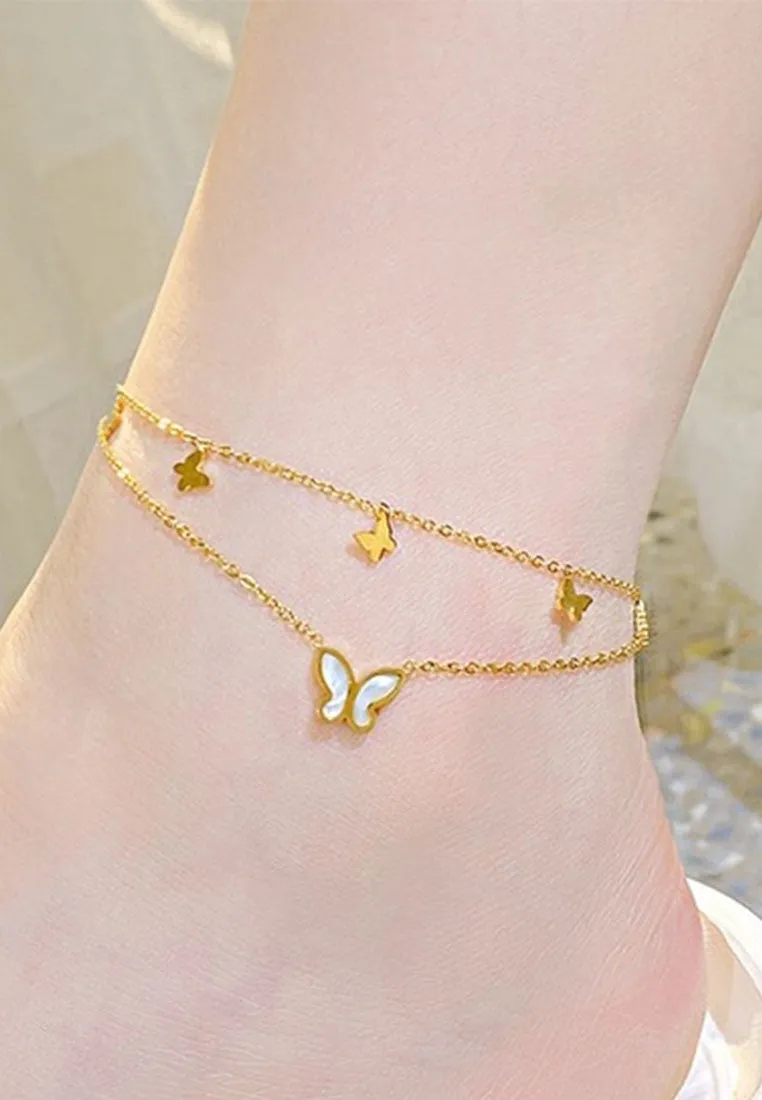 Cher Engravable Butterfly Pendant with Multi-layer Chain Anklet in Gold