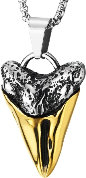 COOLSTEELANDBEYOND Men's Shark Tooth Amulet Pendant Necklace, Stainless Steel