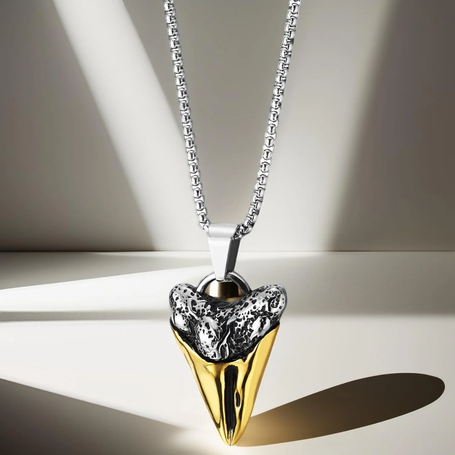 COOLSTEELANDBEYOND Men's Shark Tooth Amulet Pendant Necklace, Stainless Steel