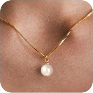 Dainty Pearl Pendant Necklaces for Women 14k Gold/Silver Plated Layered Pearl Chain Necklace Trendy Simple Box Paperclip Chain Pearl Necklace Gold Pearl Necklace Wedding Beach Gold Jewelry Gift for Women