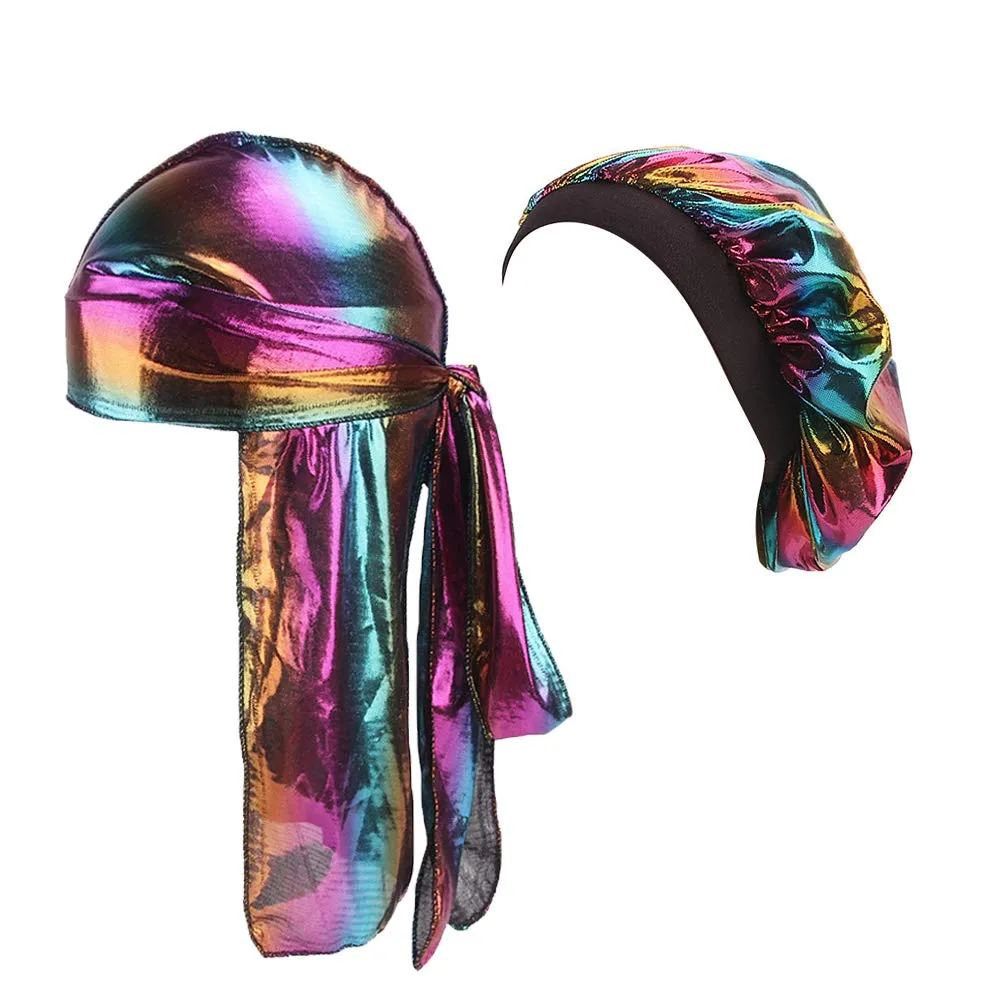 Durags and Bonnets 2pcs/Set for Men Women 360 Wave, Long Tail Silky Doo rag and Turban Sleep Cap