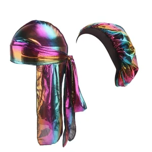 Durags and Bonnets 2pcs/Set for Men Women 360 Wave, Long Tail Silky Doo rag and Turban Sleep Cap